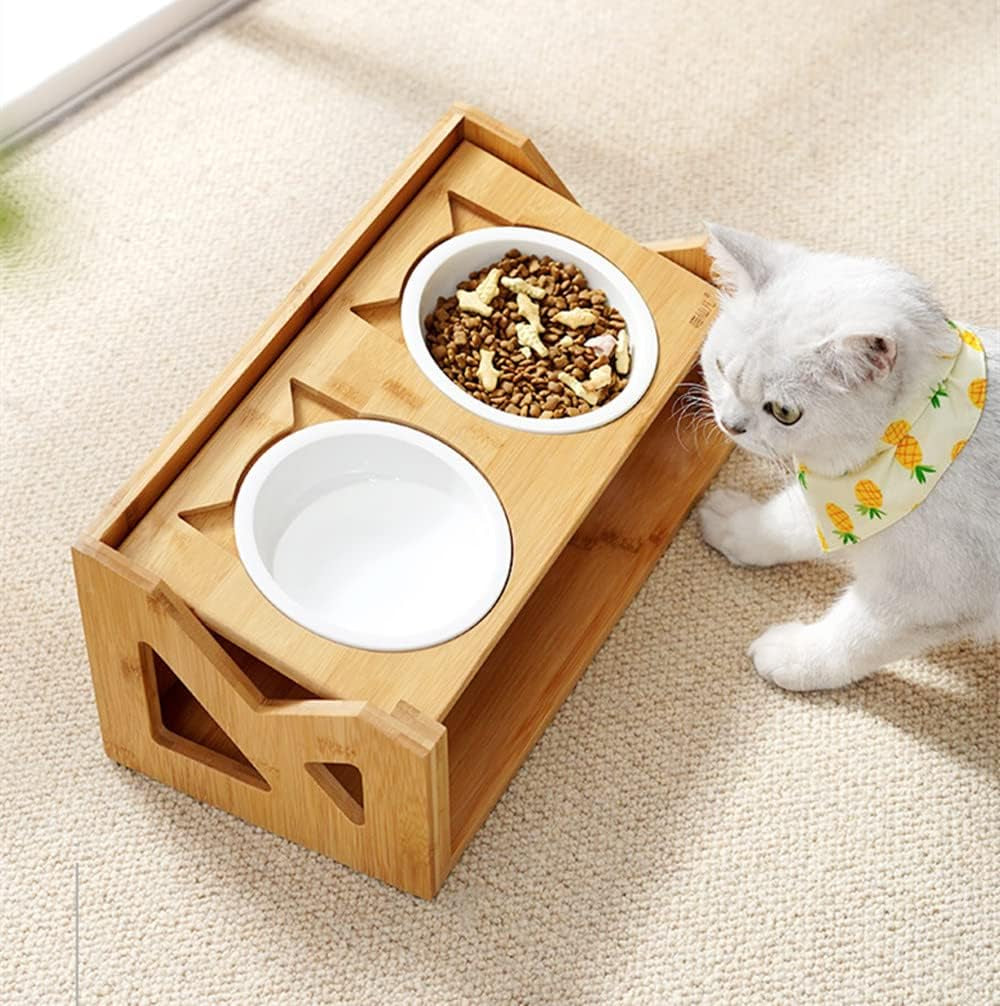 Cat Bowls Pet Dining Table with Raised Slope Wooden Stand Elevated Pet Bowls with Oblique Stand for More Comfortable Eating for Cats, Dogs, Kitten and Puppy (Double Bowl, Liftable)