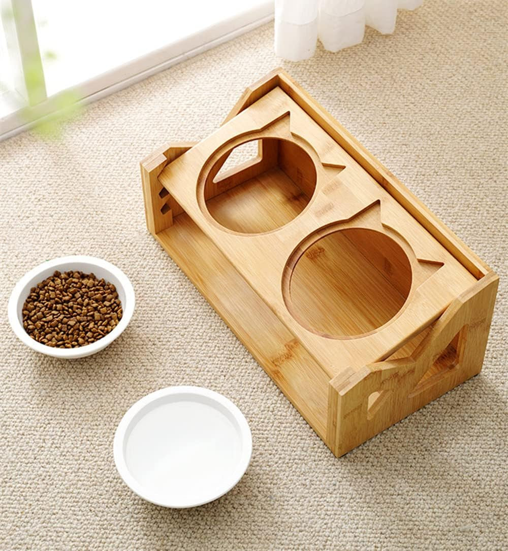 Cat Bowls Pet Dining Table with Raised Slope Wooden Stand Elevated Pet Bowls with Oblique Stand for More Comfortable Eating for Cats, Dogs, Kitten and Puppy (Double Bowl, Liftable)