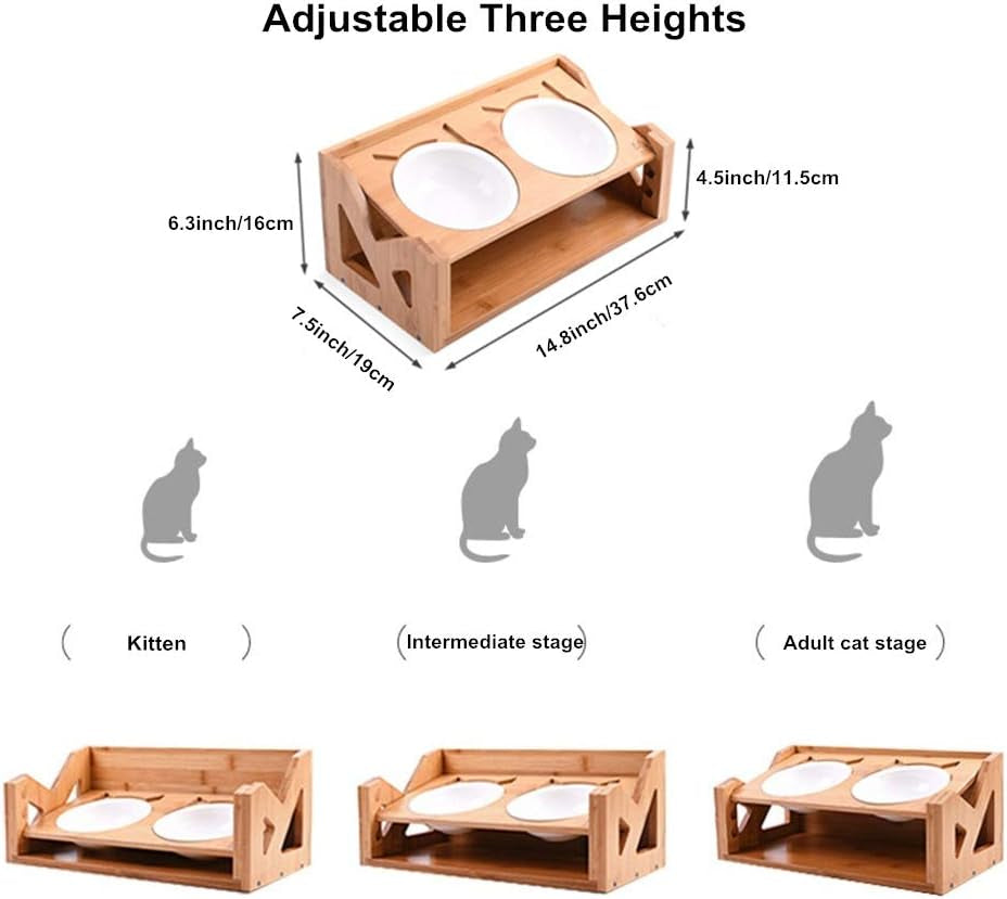 Cat Bowls Pet Dining Table with Raised Slope Wooden Stand Elevated Pet Bowls with Oblique Stand for More Comfortable Eating for Cats, Dogs, Kitten and Puppy (Double Bowl, Liftable)