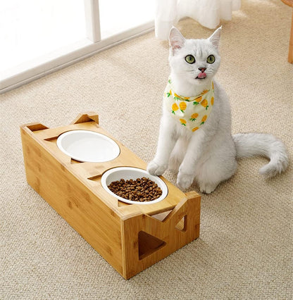 Cat Bowls Pet Dining Table with Raised Slope Wooden Stand Elevated Pet Bowls with Oblique Stand for More Comfortable Eating for Cats, Dogs, Kitten and Puppy (Double Bowl, Liftable)