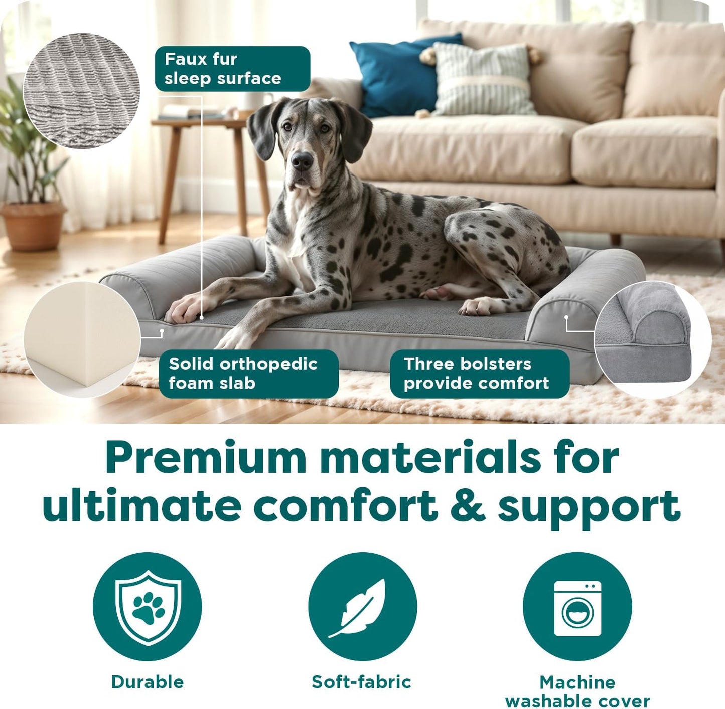 Orthopedic Dog Bed for Large Dogs, Sofa Contour Mattress with Solid Orthopedic Foam Slab for Joint Support, Removable Washable Cover, Jumbo plus XXL, Faux Fur, Charcoal