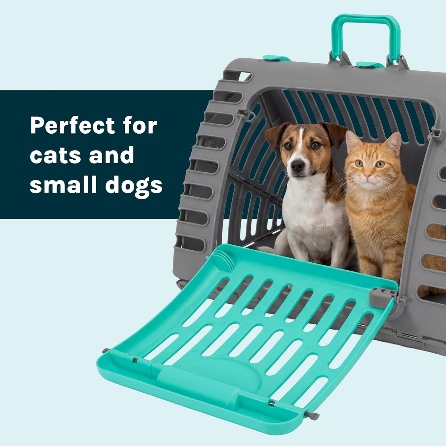 Sportpet X-Large Hard-Sided Travel Cat Carrier - Cat Carrier with Patented Wide Side-Opening Door, Foldable Portable Pet Carrier for Cats & Small Pets up to 35Lbs - Dark Gray/Teal