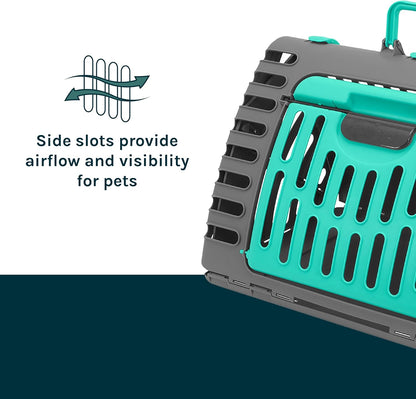 Sportpet X-Large Hard-Sided Travel Cat Carrier - Cat Carrier with Patented Wide Side-Opening Door, Foldable Portable Pet Carrier for Cats & Small Pets up to 35Lbs - Dark Gray/Teal